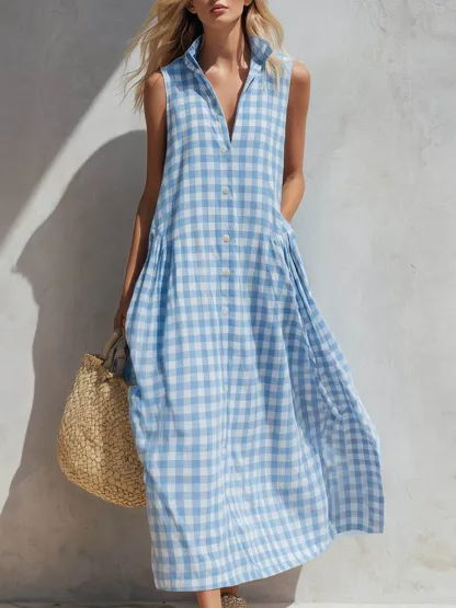 Women's Plaid-print V-neck Sleeveless Casual Loose Cotton-linen Dress