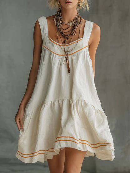 Women's Retro-casual Embossed Off-white Cotton-linen Mini Skirt