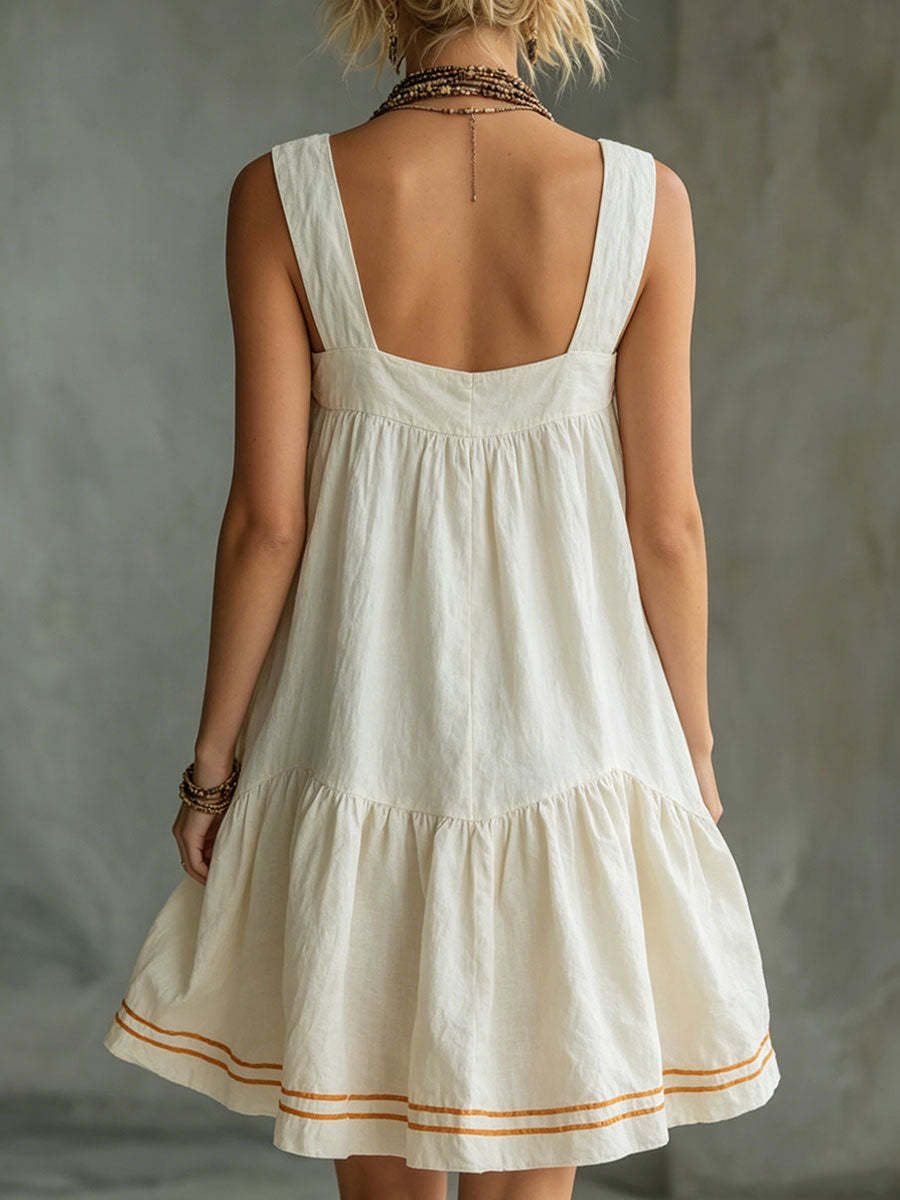 Women's Retro-casual Embossed Off-white Cotton-linen Mini Skirt