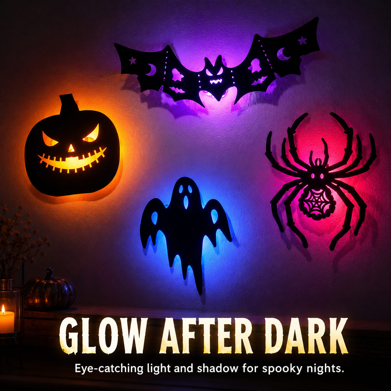Halloween wall decoration glowing after dark