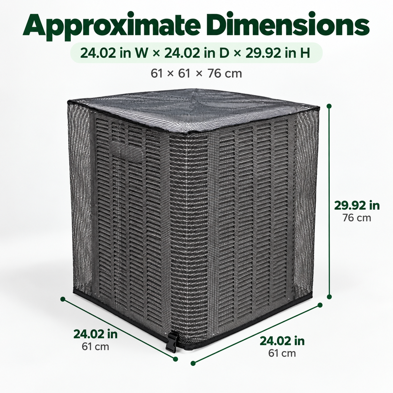 Approximate dimensions: 24.02 inches wide, 24.02 inches deep, 29.92 inches high