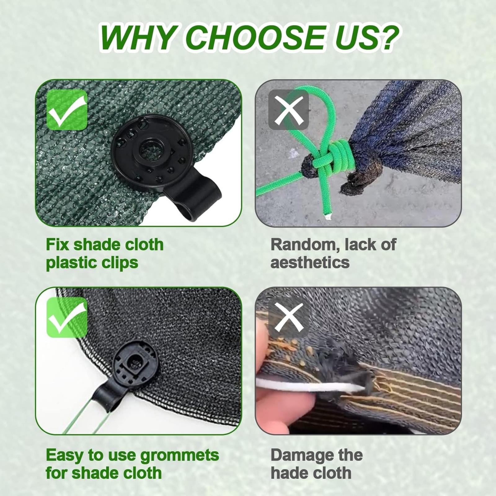 Durable plastic shade cloth clips attached to mesh netting