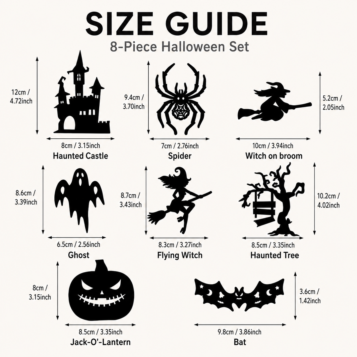 30-piece Halloween decoration size guide