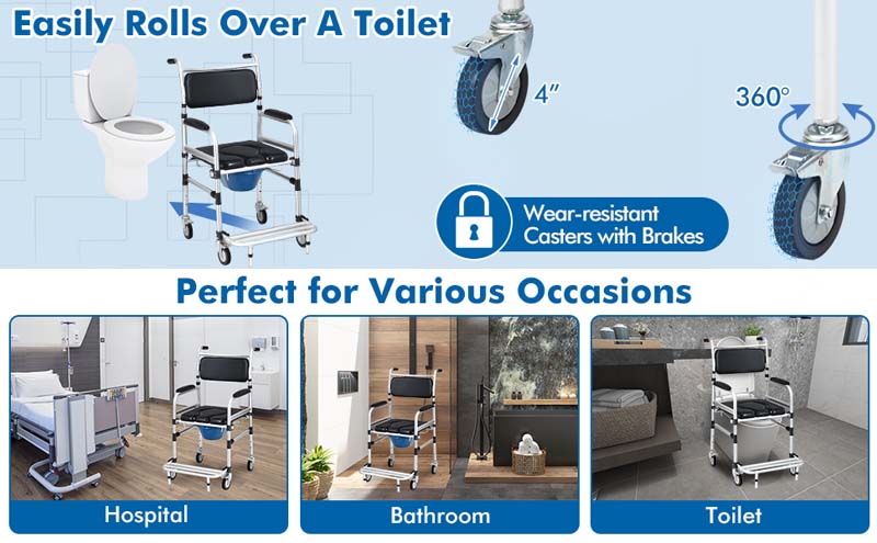 Eletriclife 2-in-1 Aluminum Commode Shower Wheelchair with Locking Casters