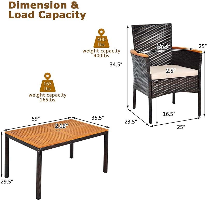 Eletriclife 7 Pieces Patio Rattan Dining Set with Armrest Cushioned Chair and Wooden Tabletop