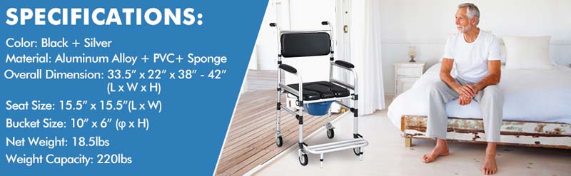 Eletriclife 2-in-1 Aluminum Commode Shower Wheelchair with Locking Casters