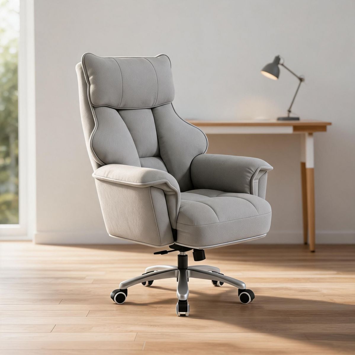 BrandName Light Gray Faux Leather Executive Chair, Adjustable Height Swivel Office Desk Chair with Padded Arms