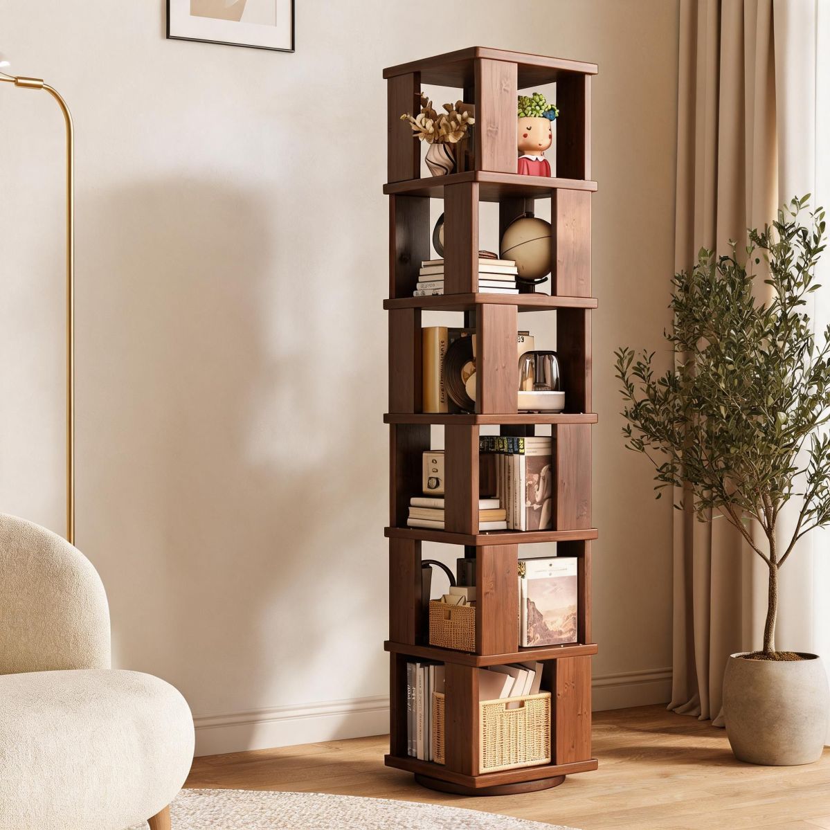 BrandName 6-Tier Rotating Bamboo Corner Bookcase, Tall Open Display Shelf Floor Storage Rack