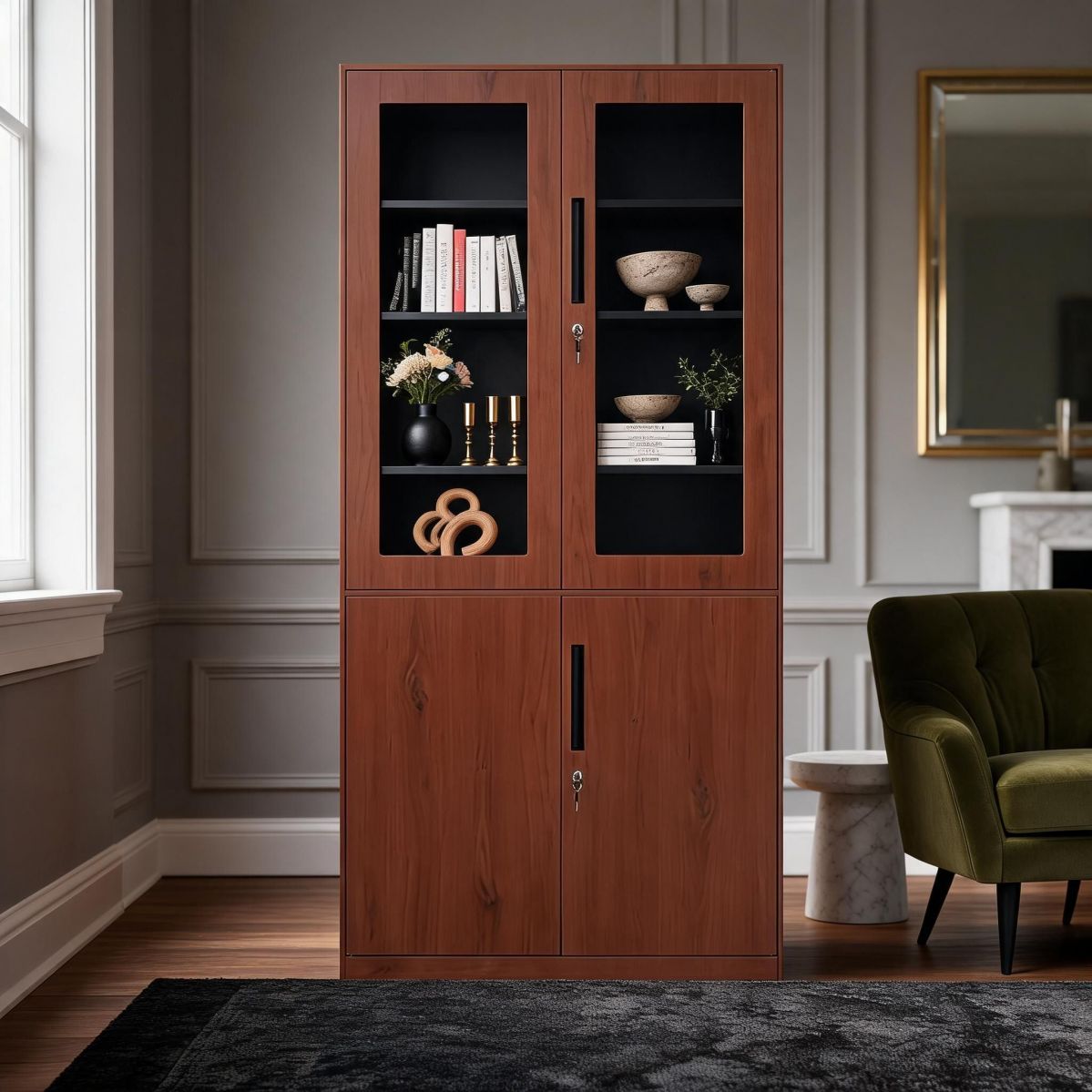 BrandName 35.4"W Cherry Wood Grain Steel Storage Cabinet with Lock, 0.051" Thick Commercial Office File Cabinet