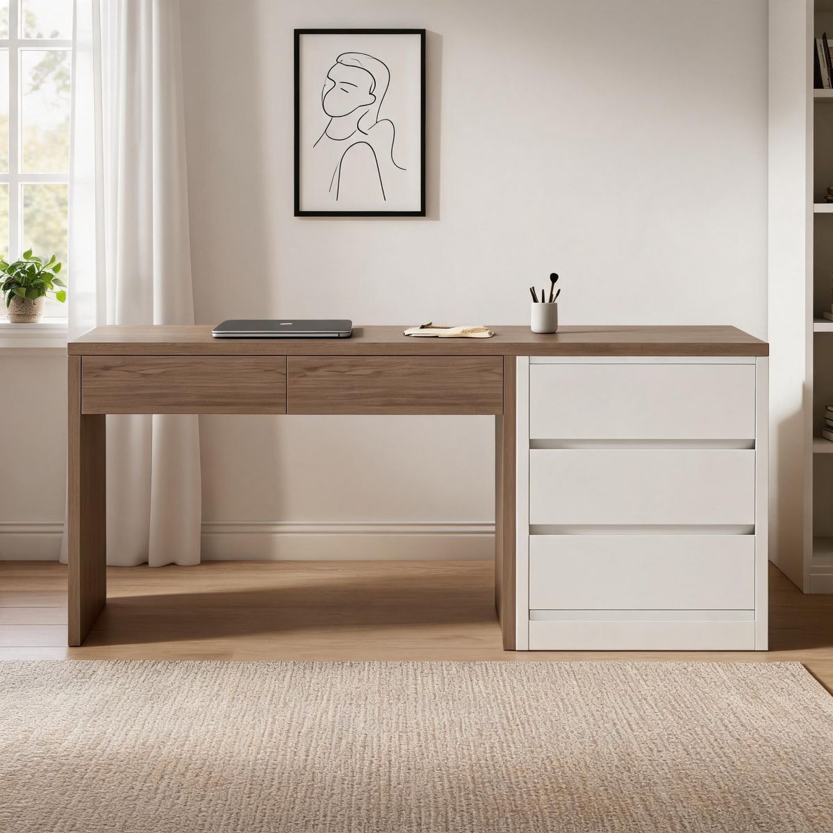BrandName 51"W Computer Desk with Drawers, Reversible Storage Cabinet Design, Walnut & Cream Finish