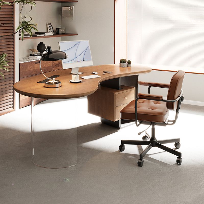 BrandName 63"L x 30.3"W Cocoa Timber Office Desk and Chair Set with Pedestal Base, Wooden Computer Desk with Upholstered Chair