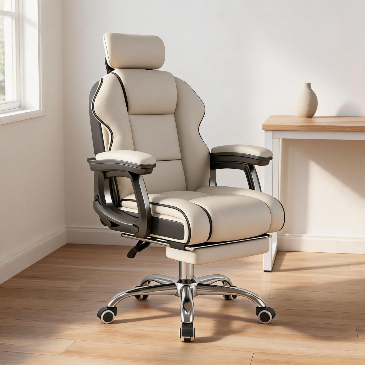 BrandName White Ergonomic Task Chair with Footrest, High Back Swivel Desk Chair, Adjustable Headrest Steel Base