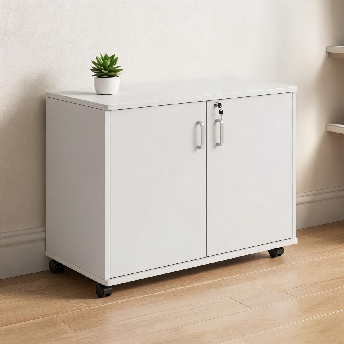 BrandName 31"W Pearl White Locking Rolling Storage Cabinet, 2-Door Office Mobile Credenza Organizer