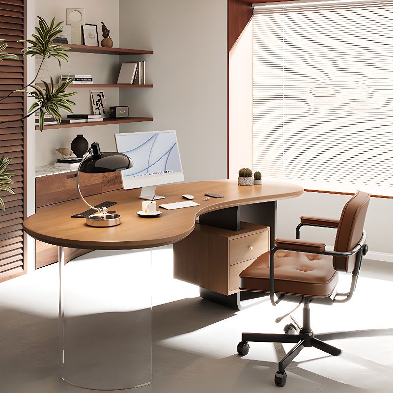BrandName 63"L x 30.3"W Cocoa Timber Office Desk and Chair Set with Pedestal Base, Wooden Computer Desk with Upholstered Chair