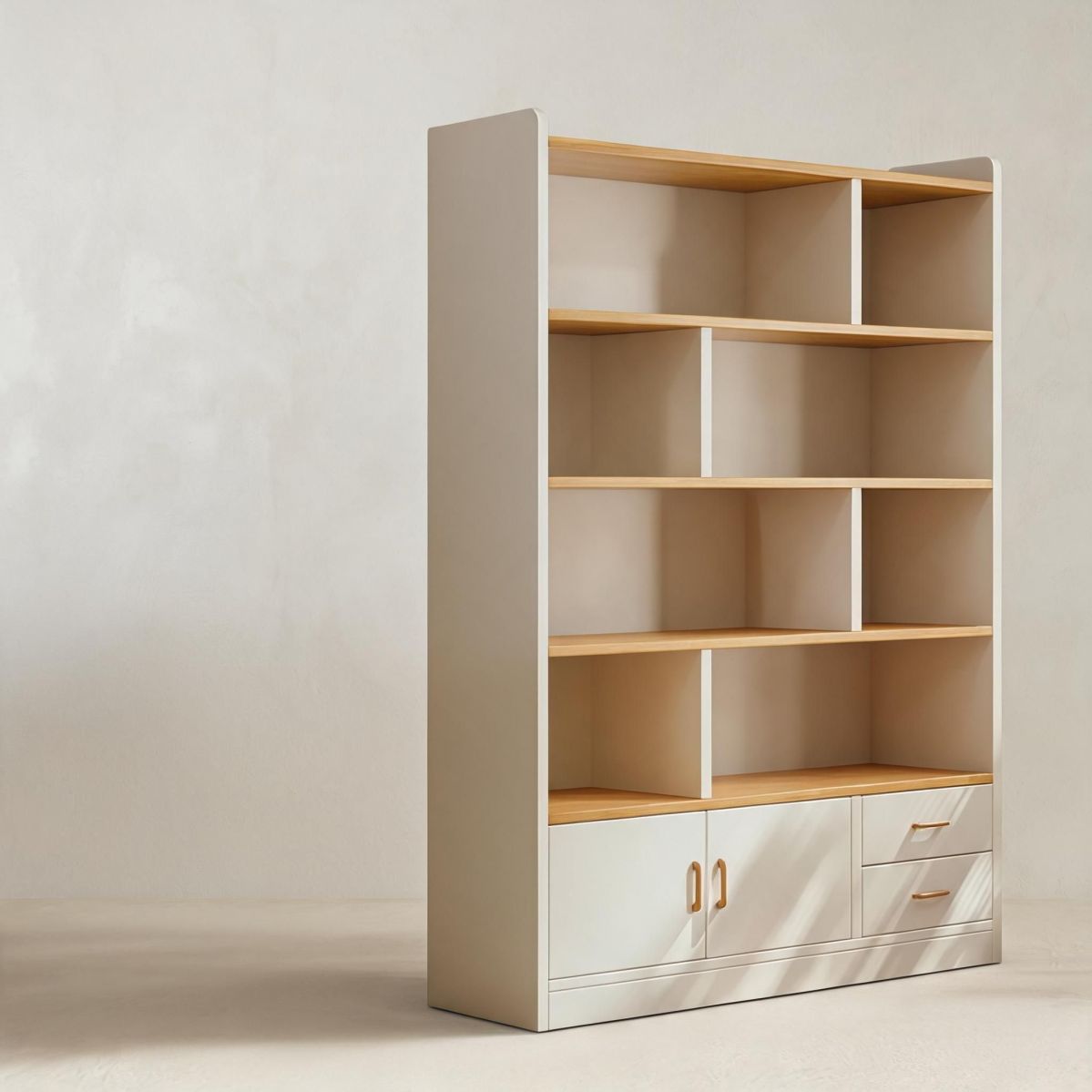 BrandName 47" Tall Bookcase Cabinet with 2 Doors and 2 Drawers, White and Oak Storage Cabinet for Living Room