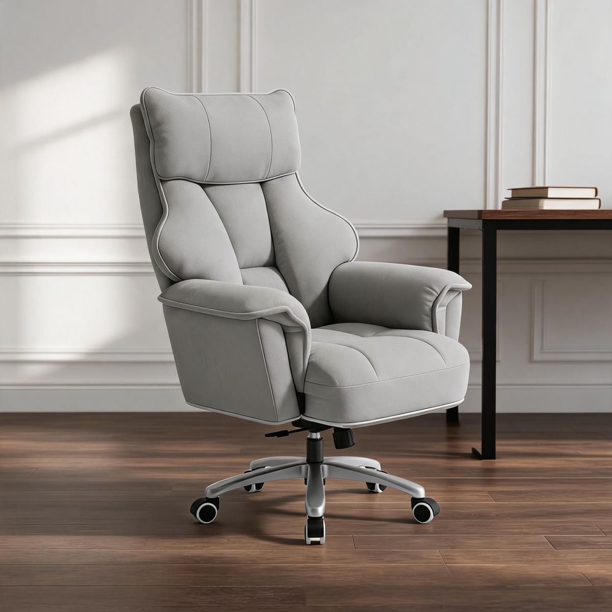 BrandName Light Gray Faux Leather Executive Chair, Adjustable Height Swivel Office Desk Chair with Padded Arms
