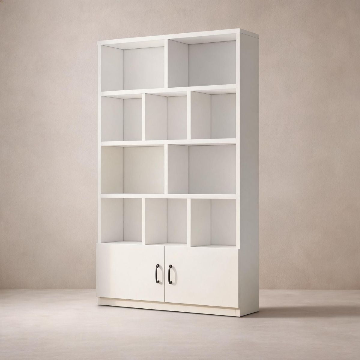 BrandName 47"W Tall Bookcase with Doors, Manufactured Wood Freestanding Shelving Unit with Open Cubbies