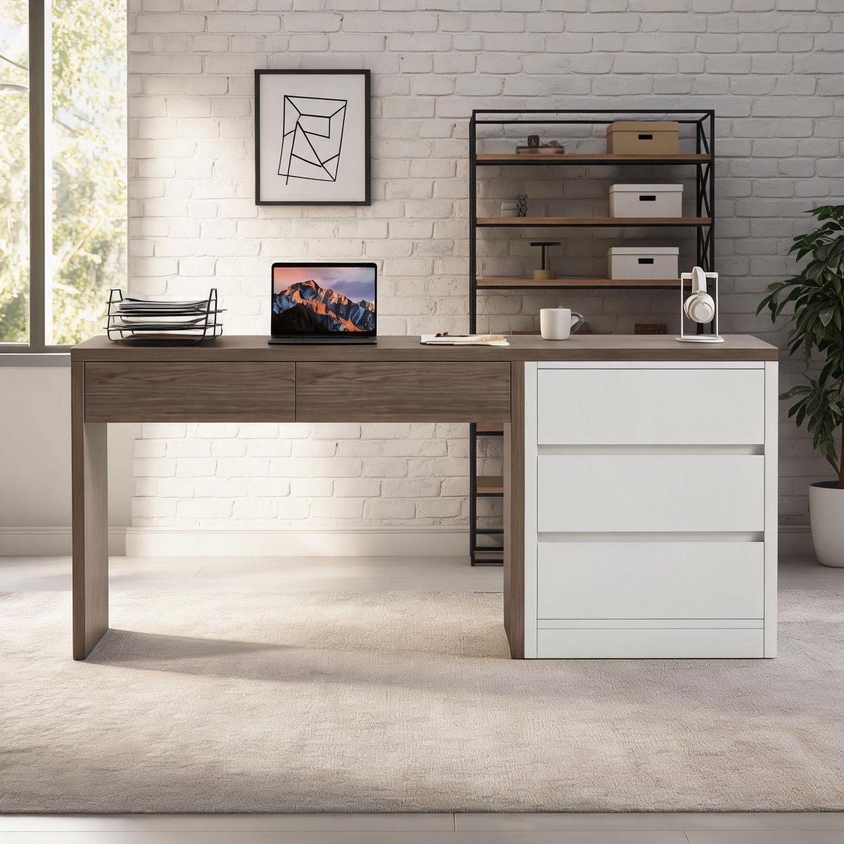 BrandName 51"W Computer Desk with Drawers, Reversible Storage Cabinet Design, Walnut & Cream Finish