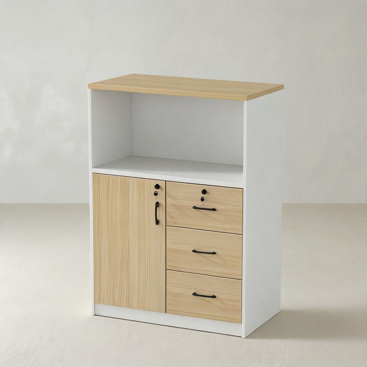 BrandName 16"W White and Natural Wood Storage Cabinet with 1 Locking Door and 3 Drawers, Open Shelf
