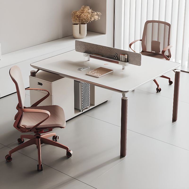 BrandName 94"L x 47"W White and Gray Office Desk and Chair Set with 2 Cabinets, Double PC Desk with Padded Chair