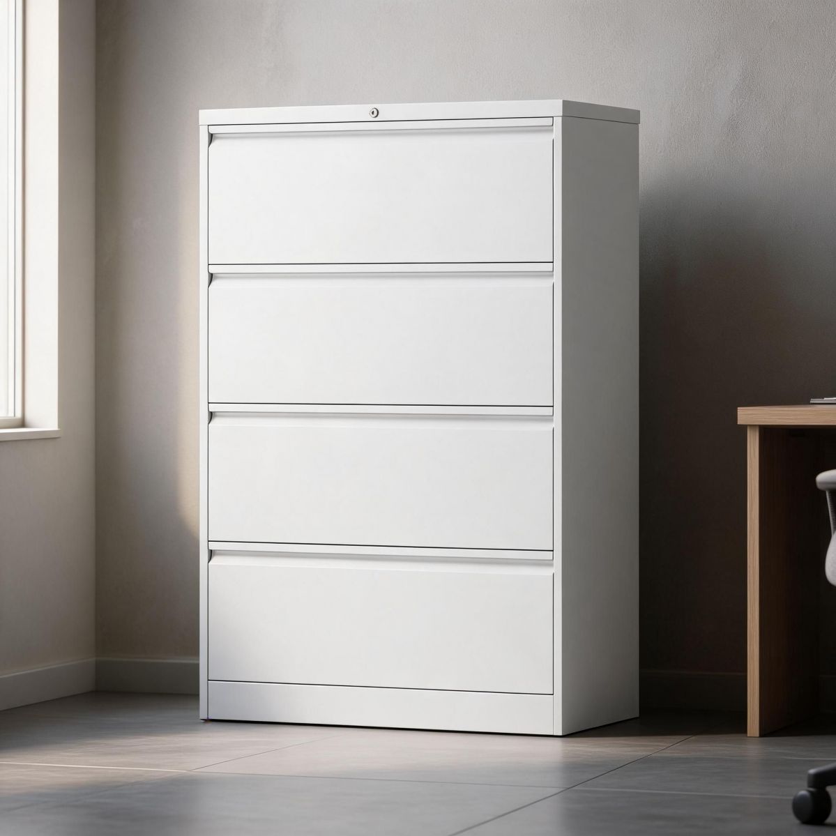 BrandName 35"W White Steel Lateral File Cabinet, 4 Drawer Lockable Office Filing Cabinet, 18"D x 52"H