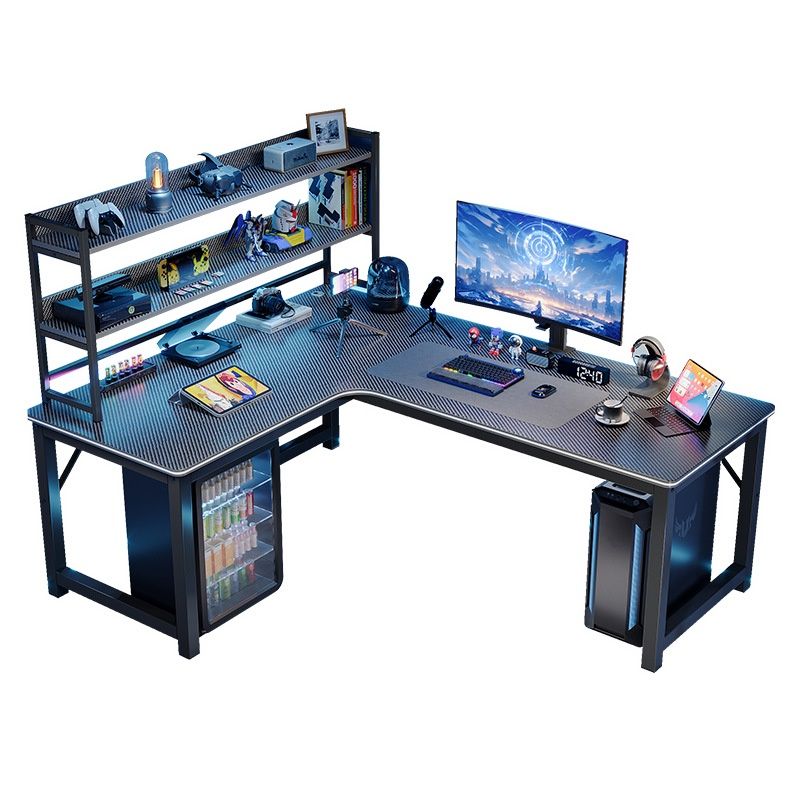 BrandName 63"L x 47"W Midnight Black L-Shaped Office Desk with Hutch, Computer Desk with Storage Shelves