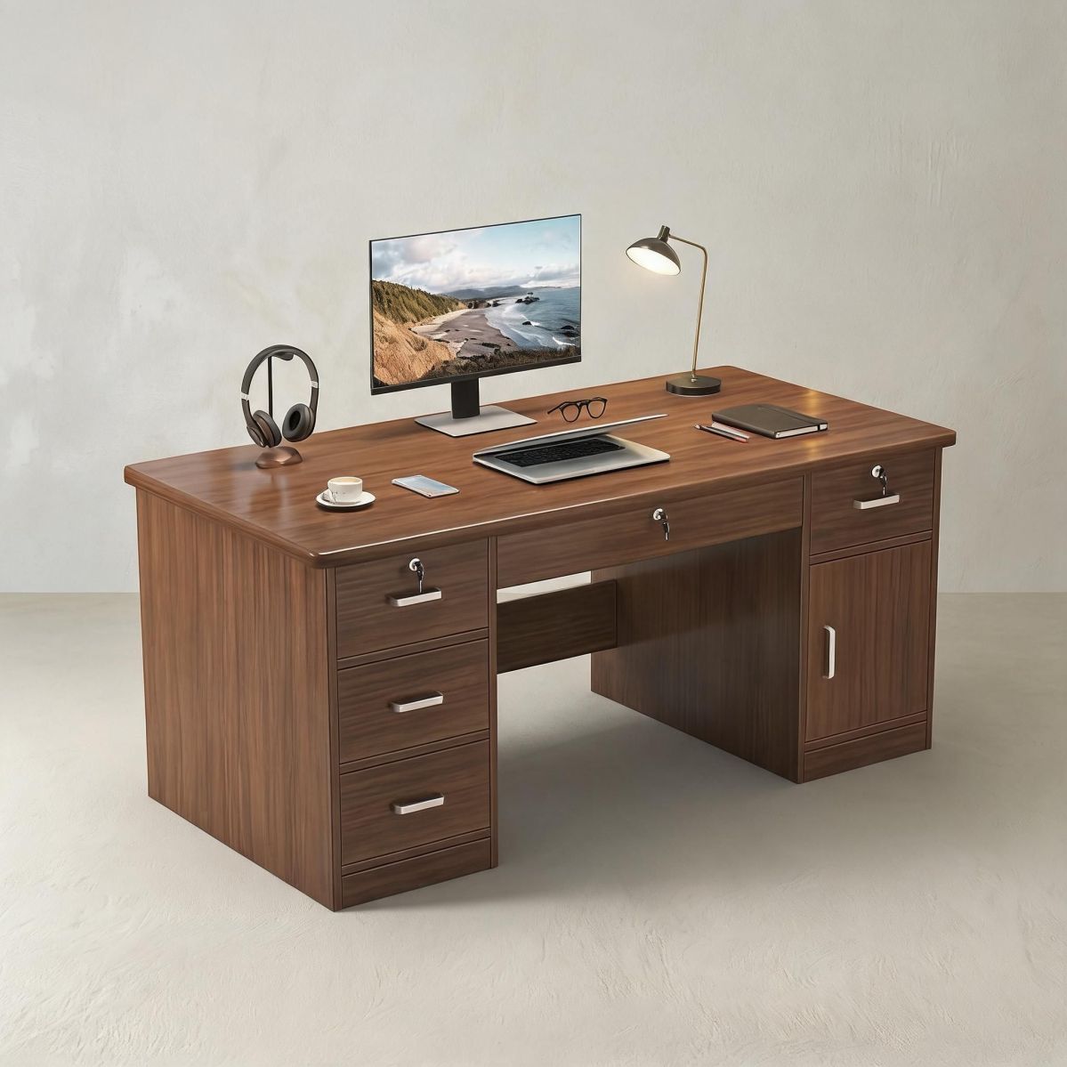 BrandName 55" Computer Desk with 5 Drawers and Cabinet, Walnut Work Desk with Keyboard Tray for Home Office