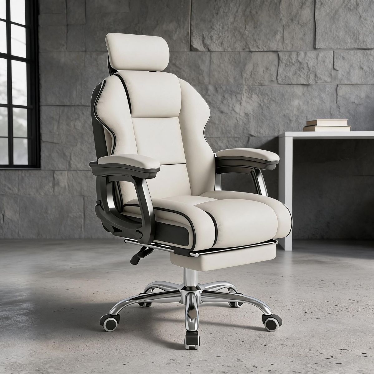 BrandName White Ergonomic Task Chair with Footrest, High Back Swivel Desk Chair, Adjustable Headrest Steel Base