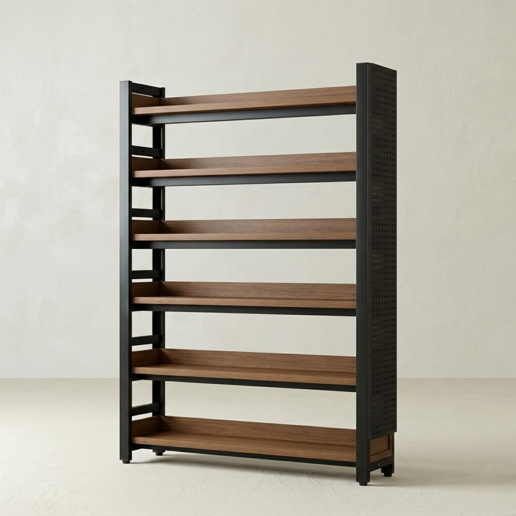 BrandName 39" Wide 6-Tier Metal Bookcase with Side Pegboard, Dark Walnut Open Shelf Storage Rack