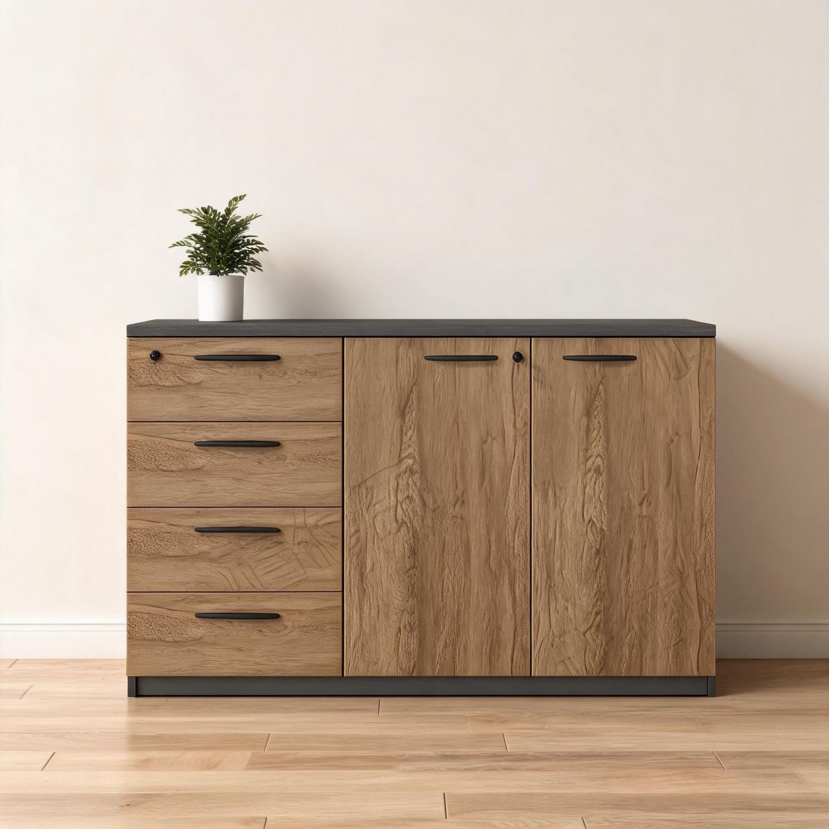 BrandName 47"W Wide Storage Cabinet with 4 Drawers and 2 Doors, Lockable Wood Office File Cabinet
