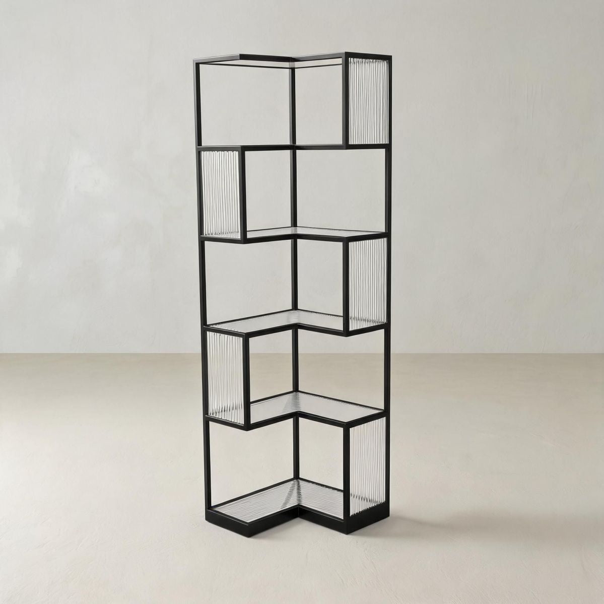 BrandName 5-Tier Black L-Shaped Corner Shelf Bookcase, Tall Open Metal Storage Tower Display Rack