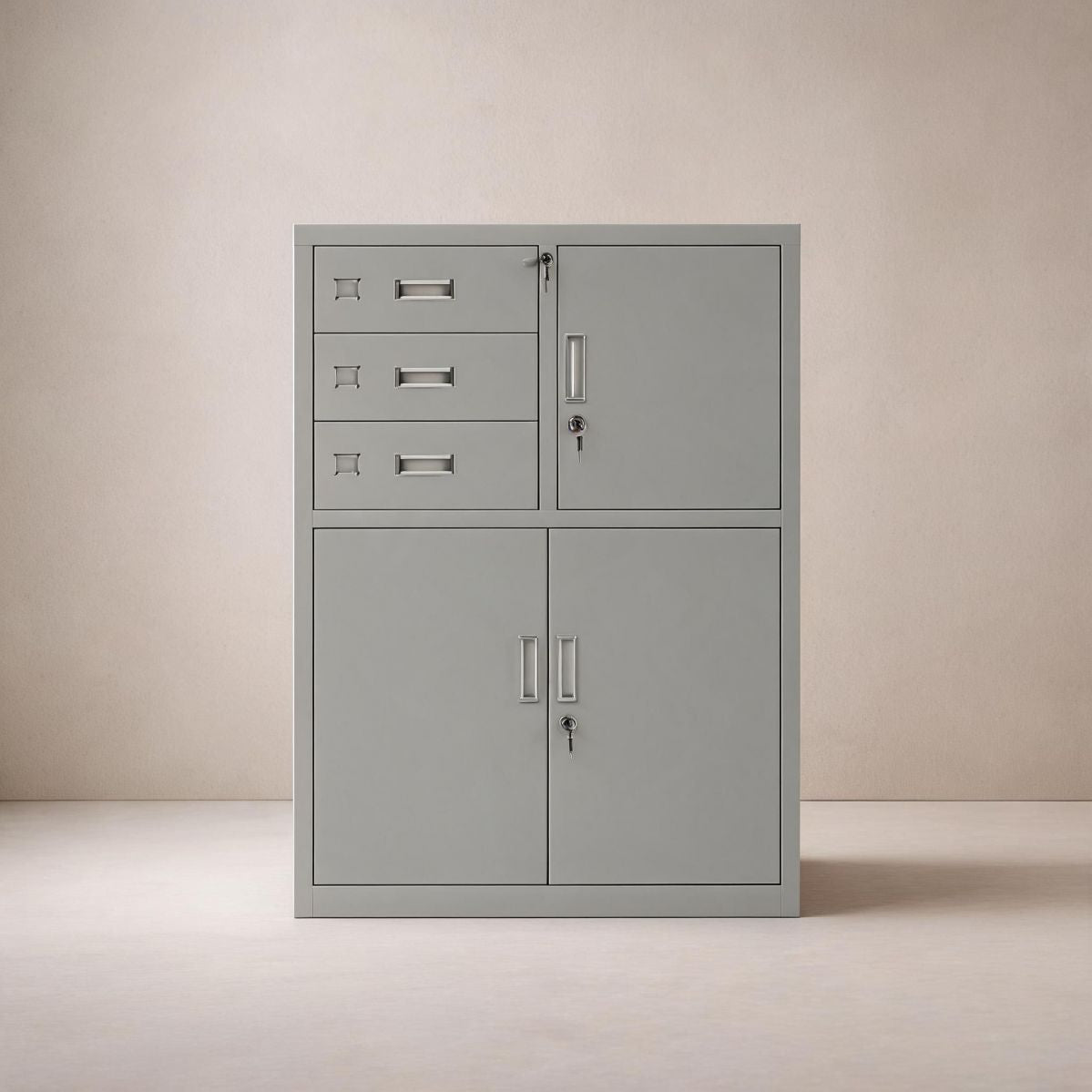 BrandName Lockable Steel File Cabinet with Built-In Safe, 3 Drawer Office Storage Low Credenza