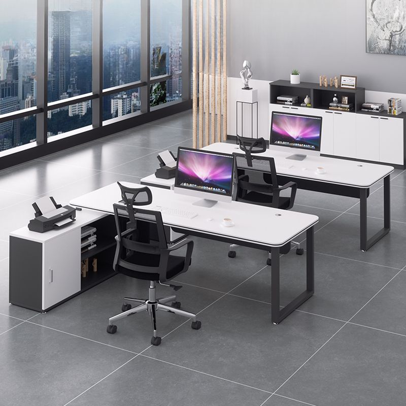 BrandName 55"L x 47"W White L-Shaped Executive Desk with External Shelving, Computer Desk with Storage Shelves