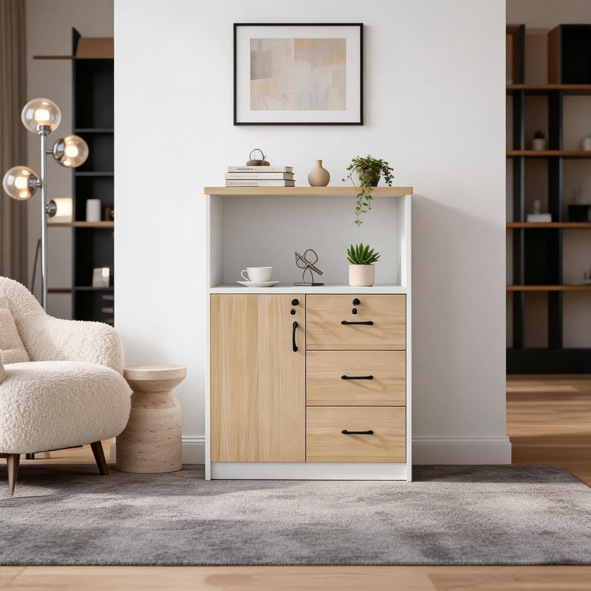 BrandName 16"W White and Natural Wood Storage Cabinet with 1 Locking Door and 3 Drawers, Open Shelf