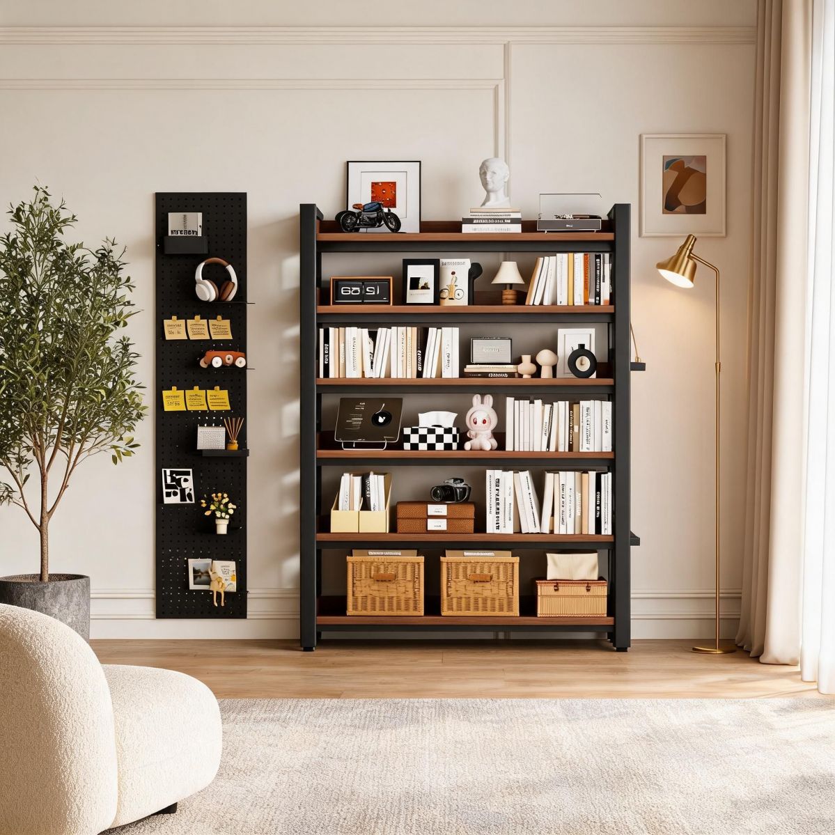 BrandName 39" Wide 6-Tier Metal Bookcase with Side Pegboard, Dark Walnut Open Shelf Storage Rack