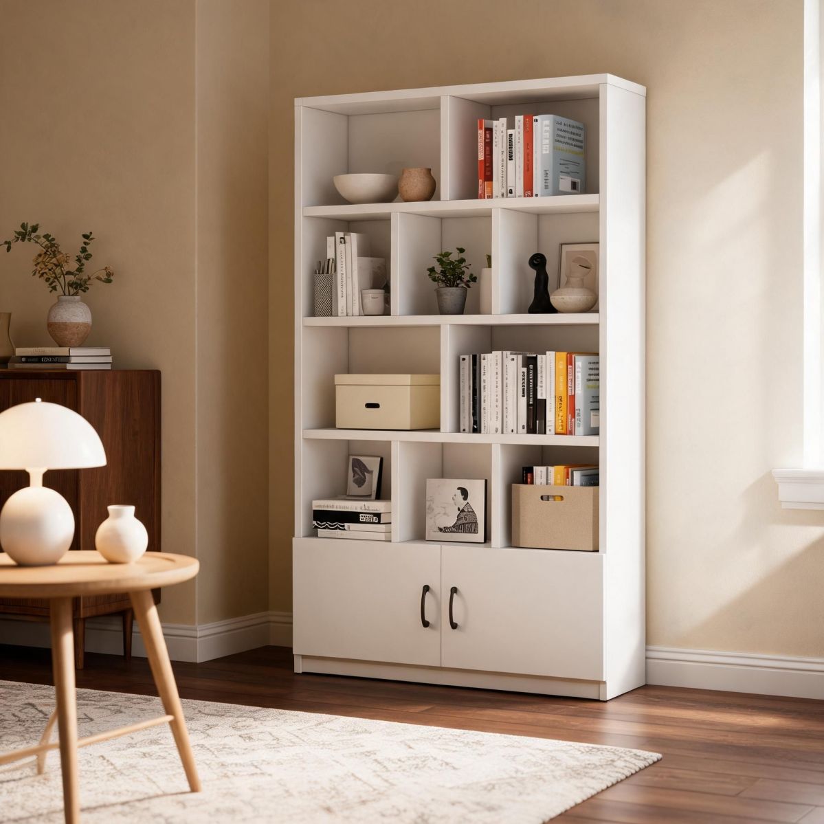 BrandName 47"W Tall Bookcase with Doors, Manufactured Wood Freestanding Shelving Unit with Open Cubbies