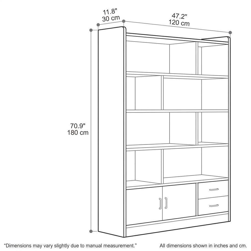 BrandName 47" Tall Bookcase Cabinet with 2 Doors and 2 Drawers, White and Oak Storage Cabinet for Living Room