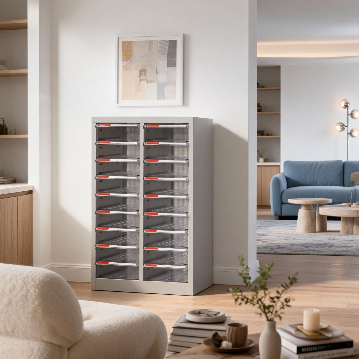 BrandName 21-Drawer Steel Document Cabinet with Lockable Doors, Clear Pull-Out Bins Office Filing Organizer