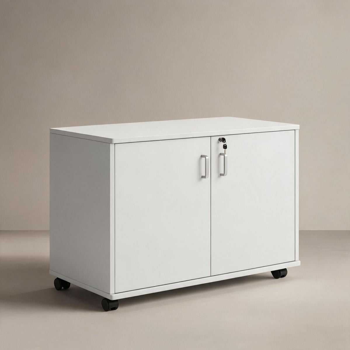 BrandName 31"W Pearl White Locking Rolling Storage Cabinet, 2-Door Office Mobile Credenza Organizer