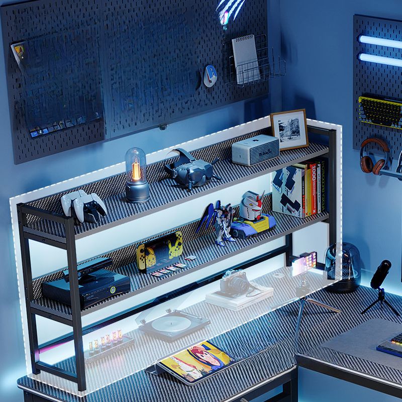 BrandName 63"L x 47"W Midnight Black L-Shaped Office Desk with Hutch, Computer Desk with Storage Shelves