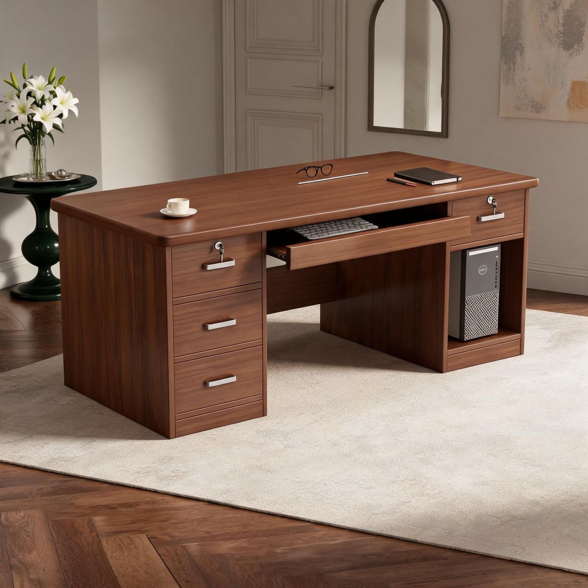 BrandName 55" Computer Desk with 5 Drawers and Cabinet, Walnut Work Desk with Keyboard Tray for Home Office