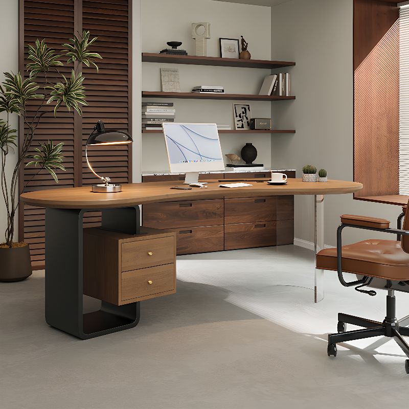 BrandName 63"L x 30.3"W Cocoa Timber Office Desk and Chair Set with Pedestal Base, Wooden Computer Desk with Upholstered Chair