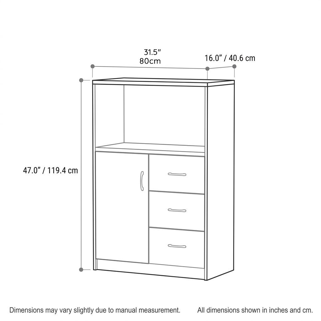 BrandName 16"W White and Natural Wood Storage Cabinet with 1 Locking Door and 3 Drawers, Open Shelf