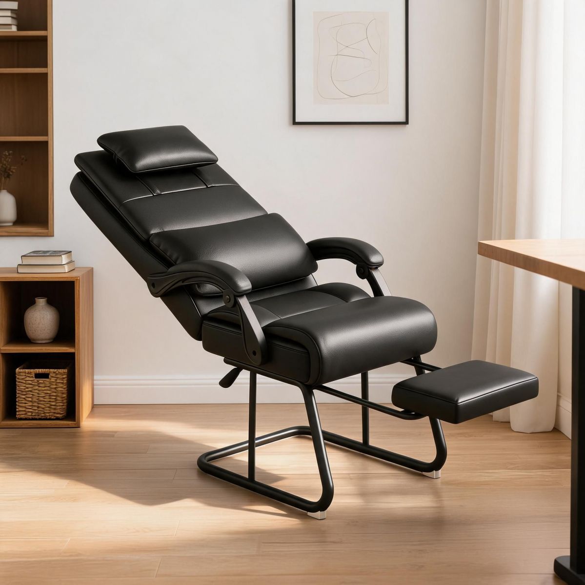 BrandName Black Microfiber Leather Executive Office Chair with Footrest, Reclining High Back Desk Chair, Adjustable Headrest