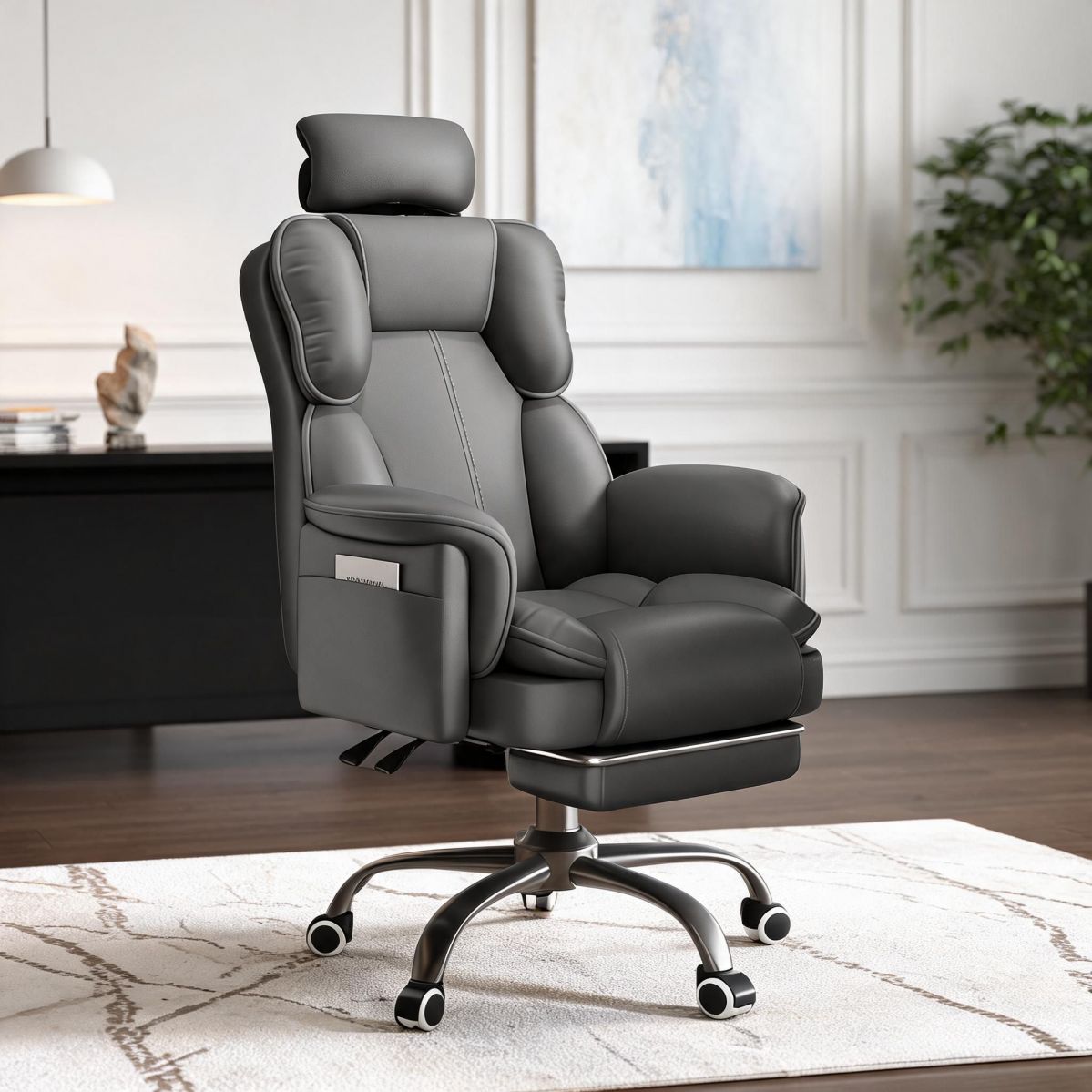 BrandName Executive Office Chair with Footrest, High Back Dark Gray Tech Cloth Computer Desk Chair, Adjustable Headrest Padded Rolling Seating