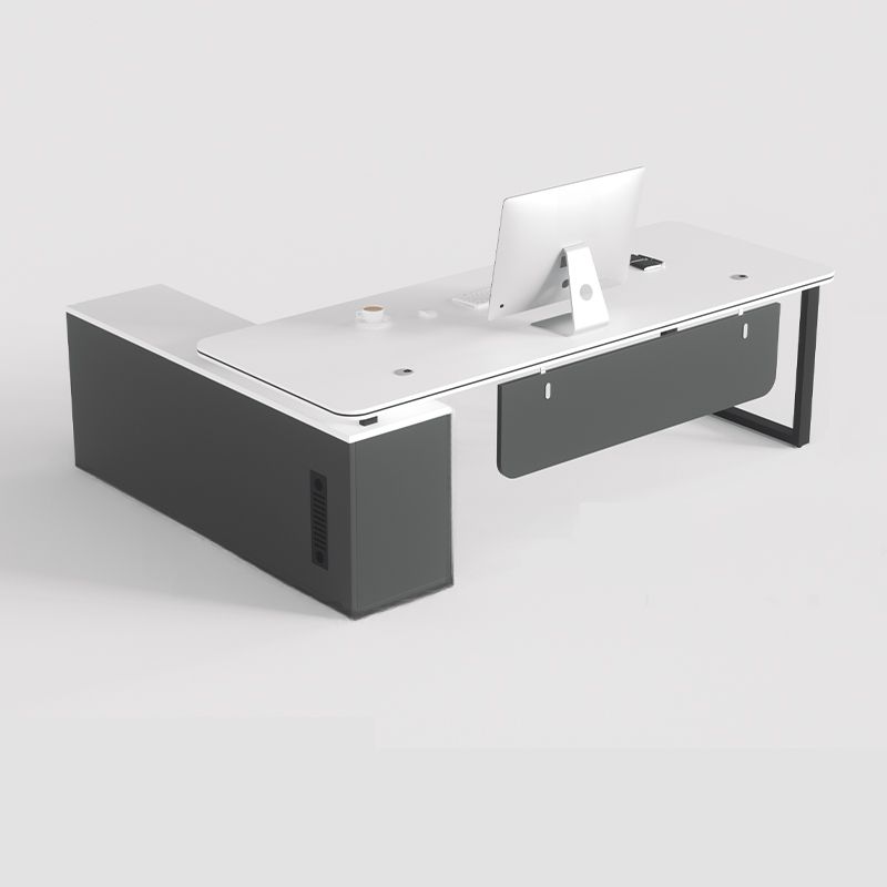 BrandName 55"L x 47"W White L-Shaped Executive Desk with External Shelving, Computer Desk with Storage Shelves