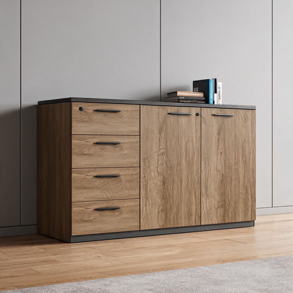 BrandName 47"W Wide Storage Cabinet with 4 Drawers and 2 Doors, Lockable Wood Office File Cabinet