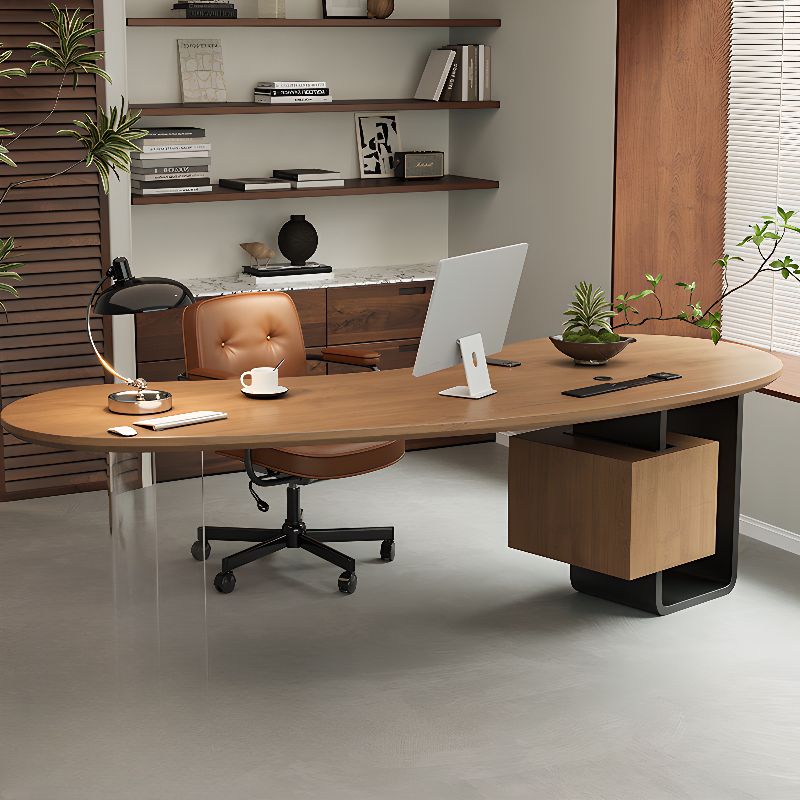 BrandName 63"L x 30.3"W Cocoa Timber Office Desk and Chair Set with Pedestal Base, Wooden Computer Desk with Upholstered Chair