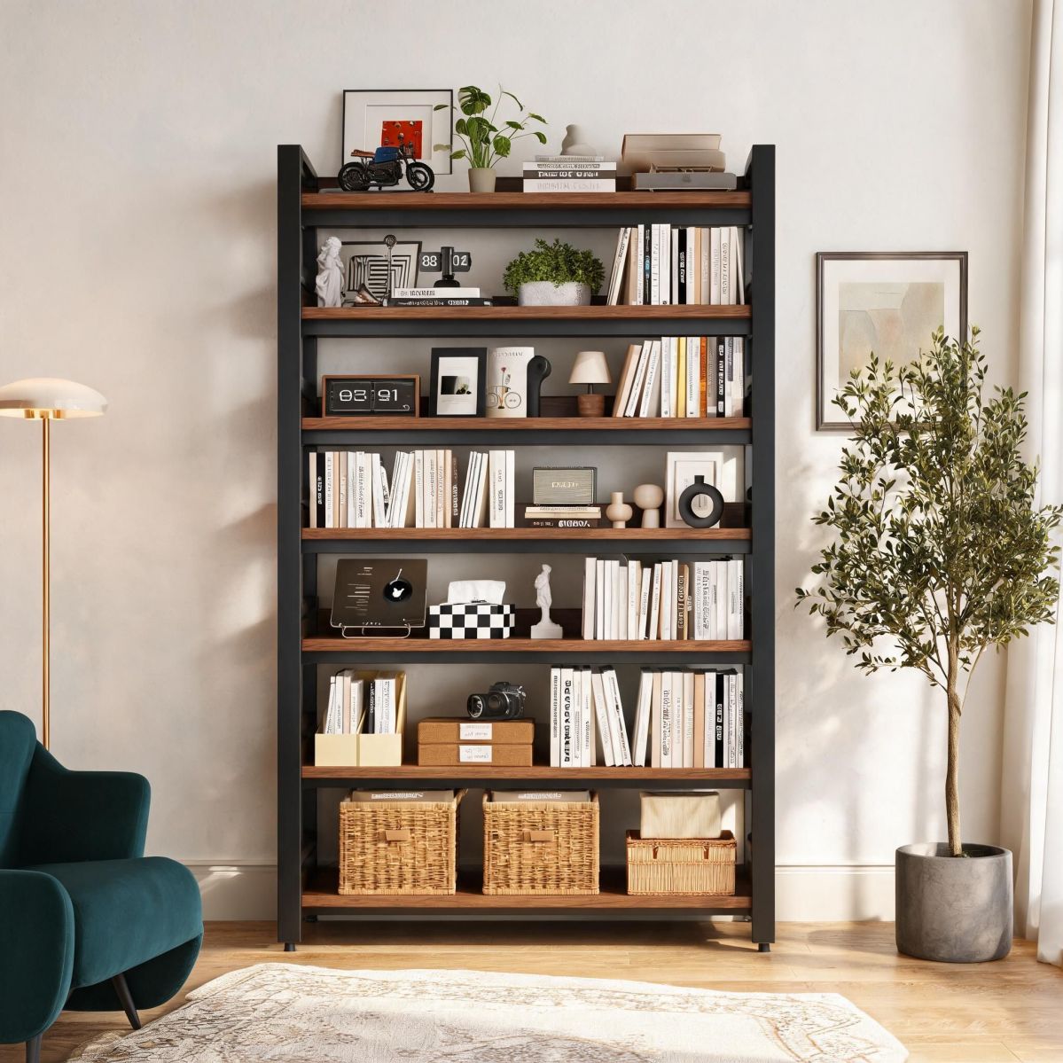 BrandName 39" Wide 6-Tier Metal Bookcase with Side Pegboard, Dark Walnut Open Shelf Storage Rack