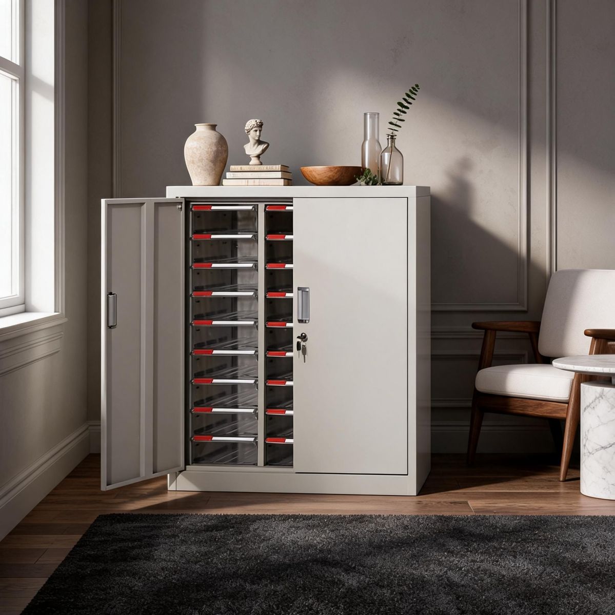 BrandName 21-Drawer Steel Document Cabinet with Lockable Doors, Clear Pull-Out Bins Office Filing Organizer